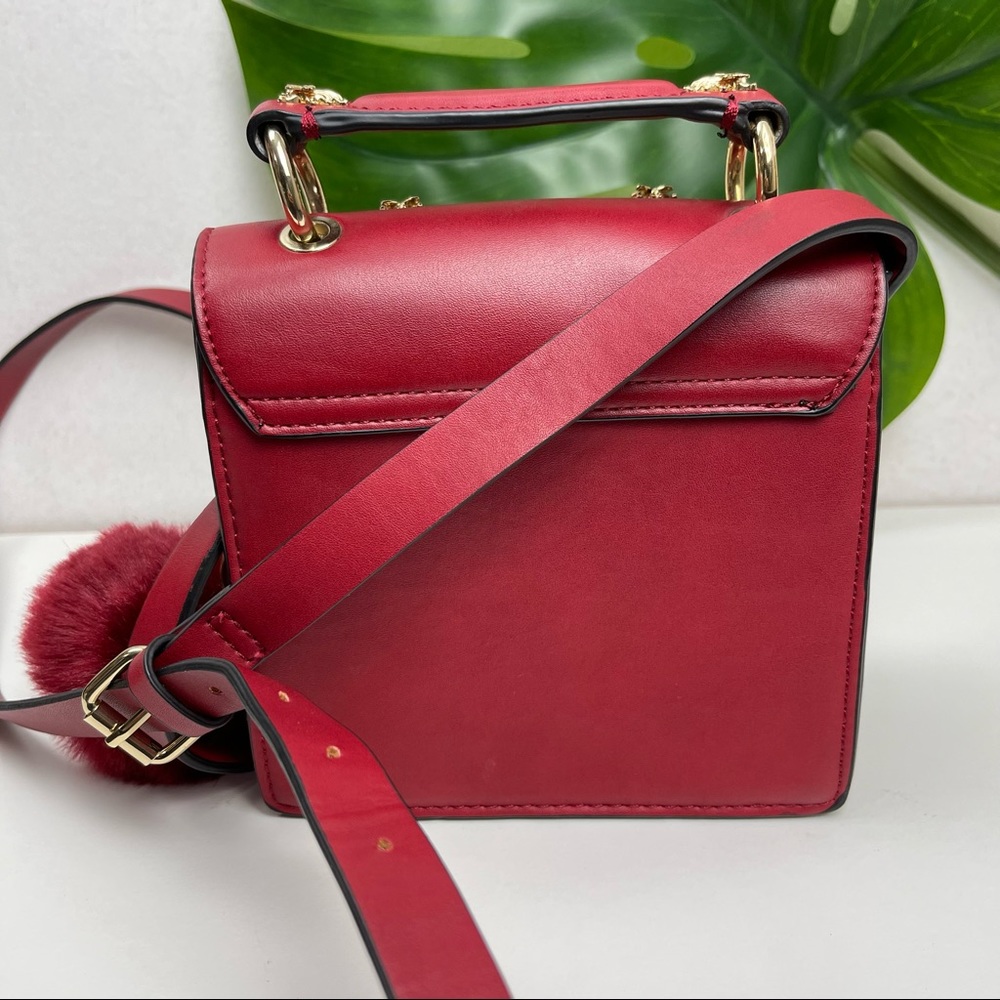 Zara Red Crossbody Bag with Gold Bee Studs and Pom Pom - Picture 10 of 12